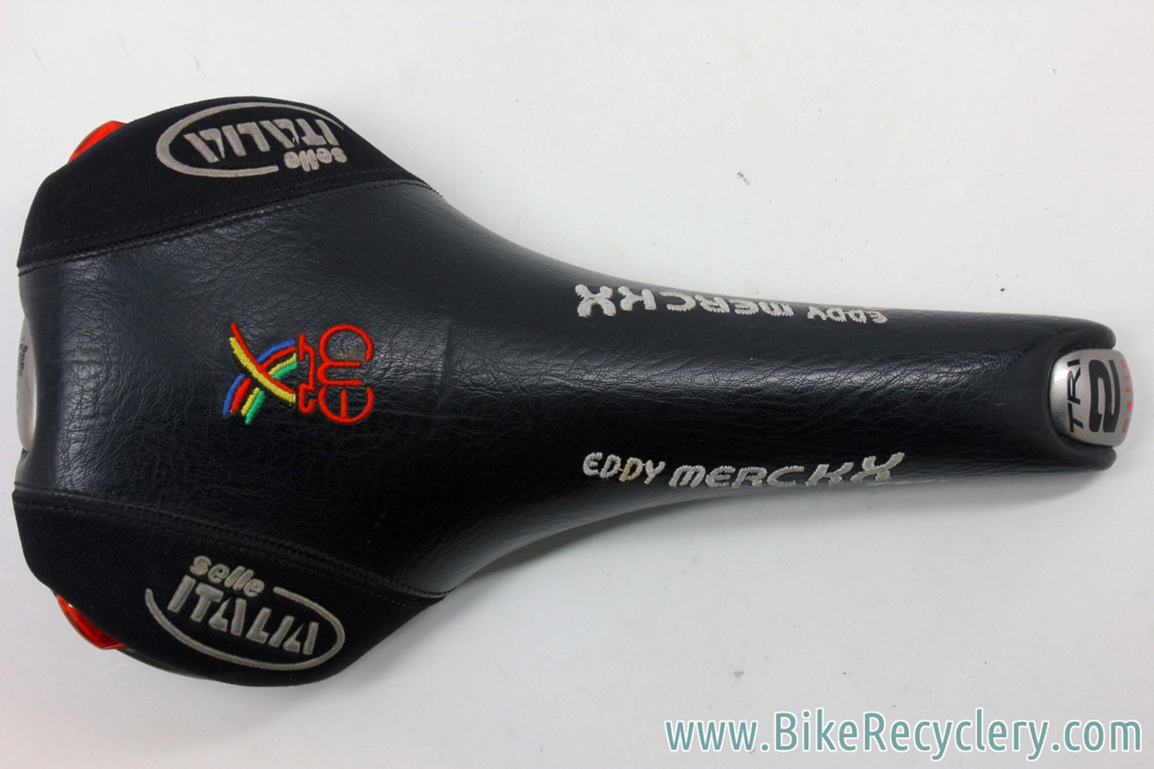 NOS Selle Eddy Merckx Italia Tri-Matic 2 Saddle: Embroidered Black Leather  - RARE (take-off)
