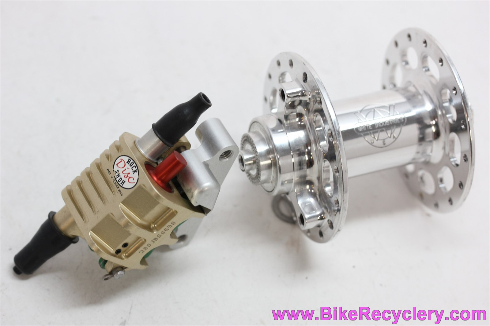 NOS Vintage Rock Shox Disc Brake Caliper, Front Adapter & White Industries 3-Bolt Front Hub: Cable Actuated, Hydraulic Piston! - 1990's
