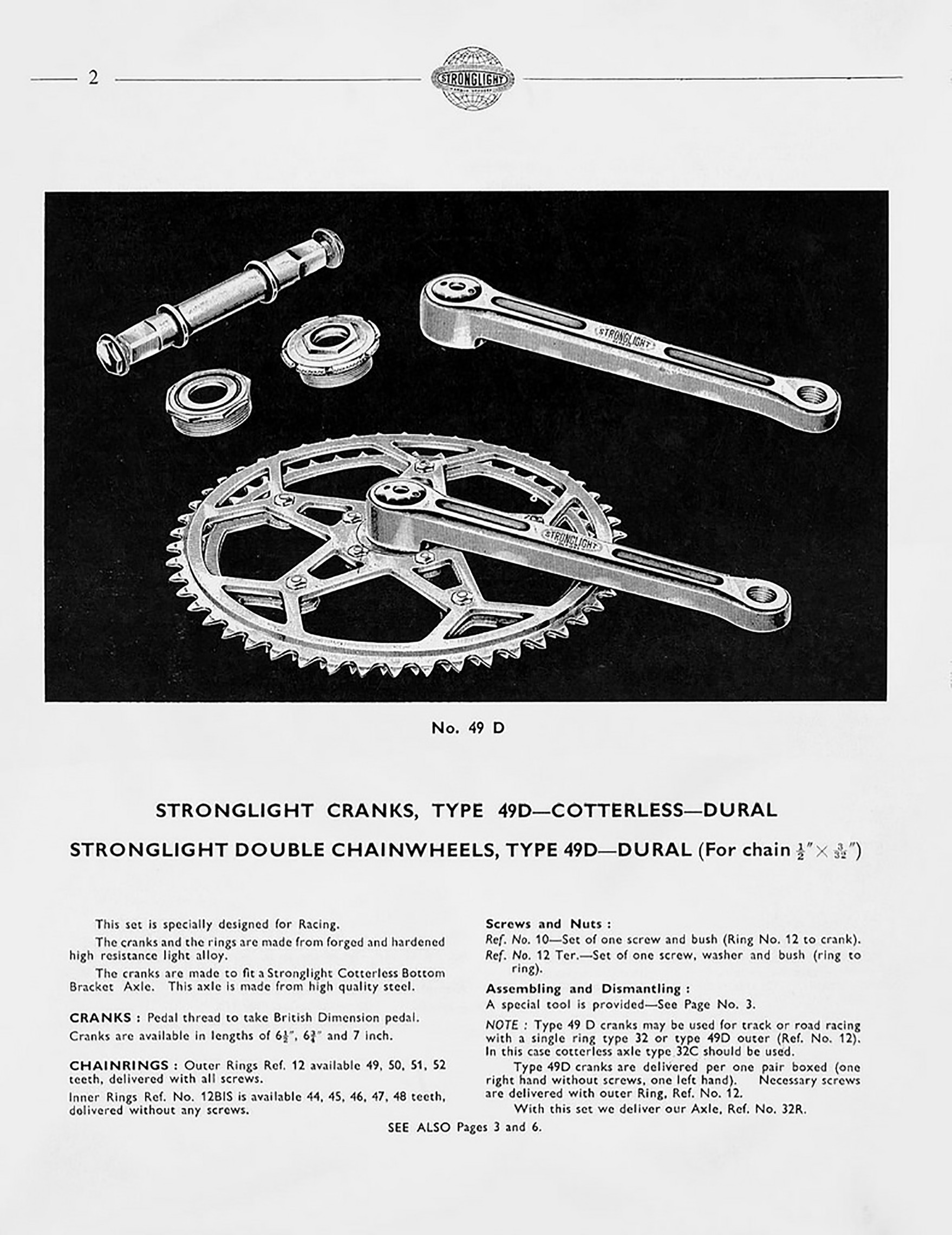 1950's Stronglight 49D Cyclotourist Crankset & 118mm Bottom Bracket: 170mm - 50/42t TA Chainrings - French Threads (Near Mint++)