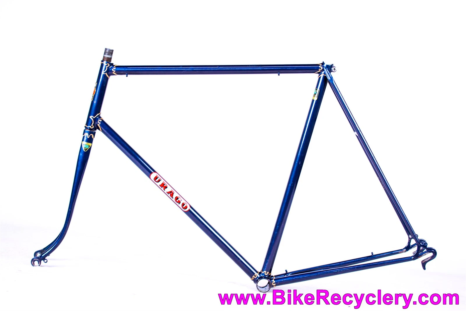 1960 Urago French Road Frame/Fork: 62cm x 59cm - Reynolds 531 Nervex Lugged Steel - Metallic Blue + Gold Pinstriping - Centerpull - 700c x Wide Tires