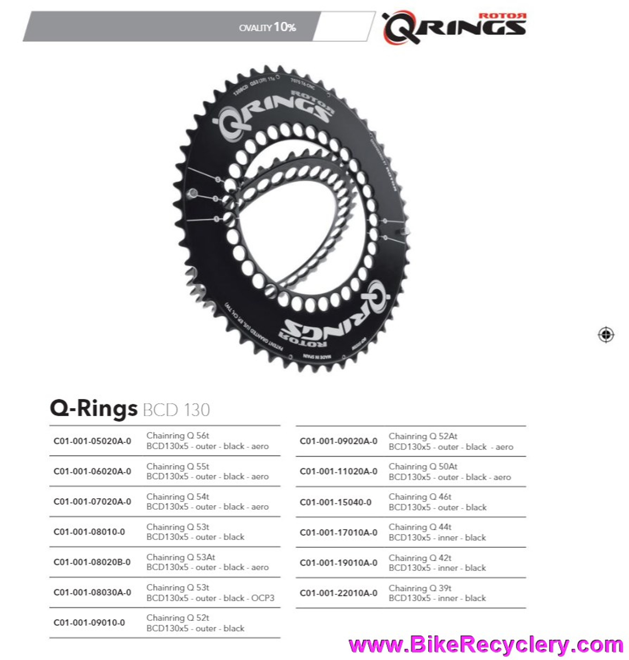 Rotor Q 53t x 110mm 5 Bolt Aero Outer Chainring: 11s - EXT B For 38t Inner  - Oval (NEW)