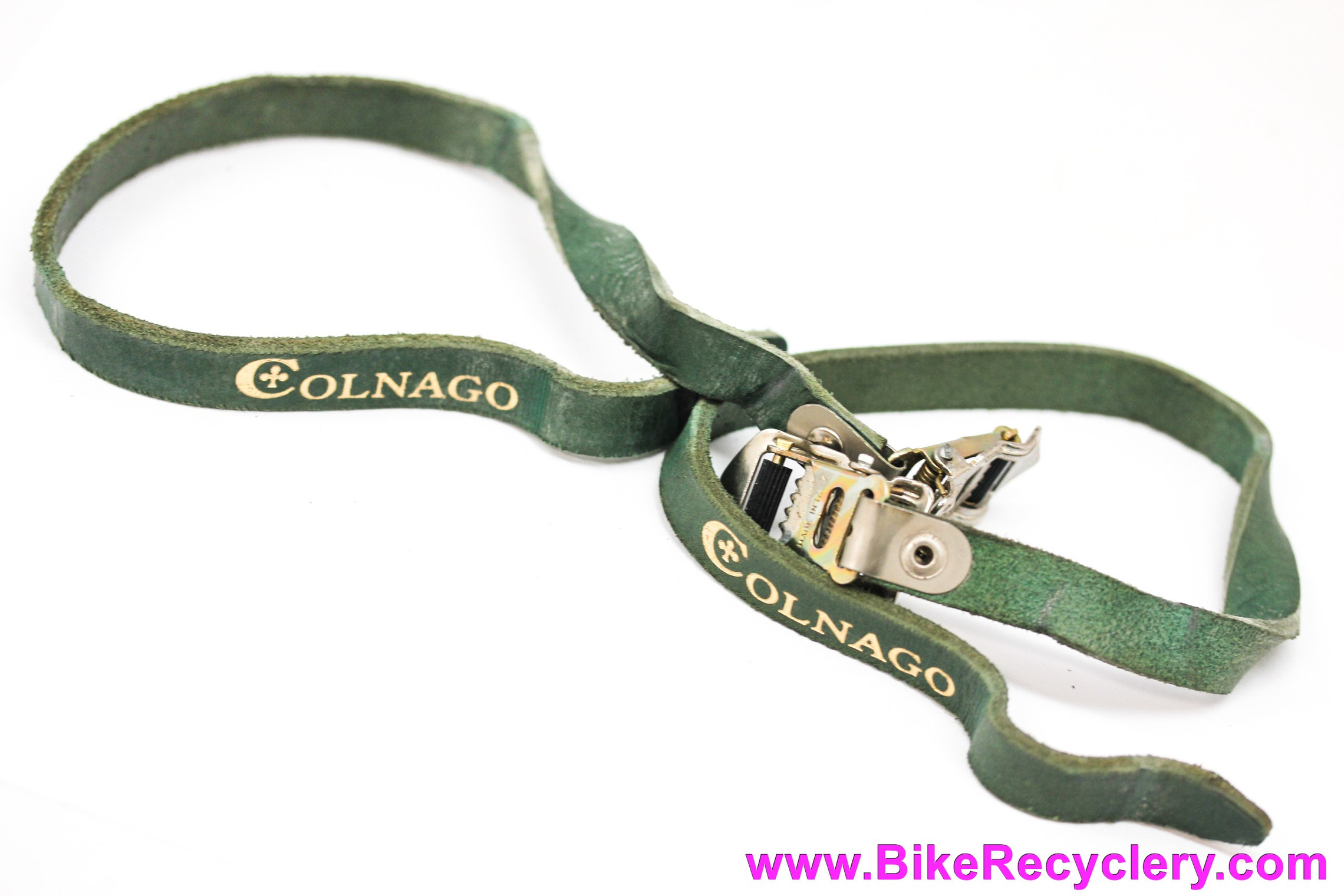 Colnago Alfredo Binda Toe Straps: Green Leather w/ Gold Logo