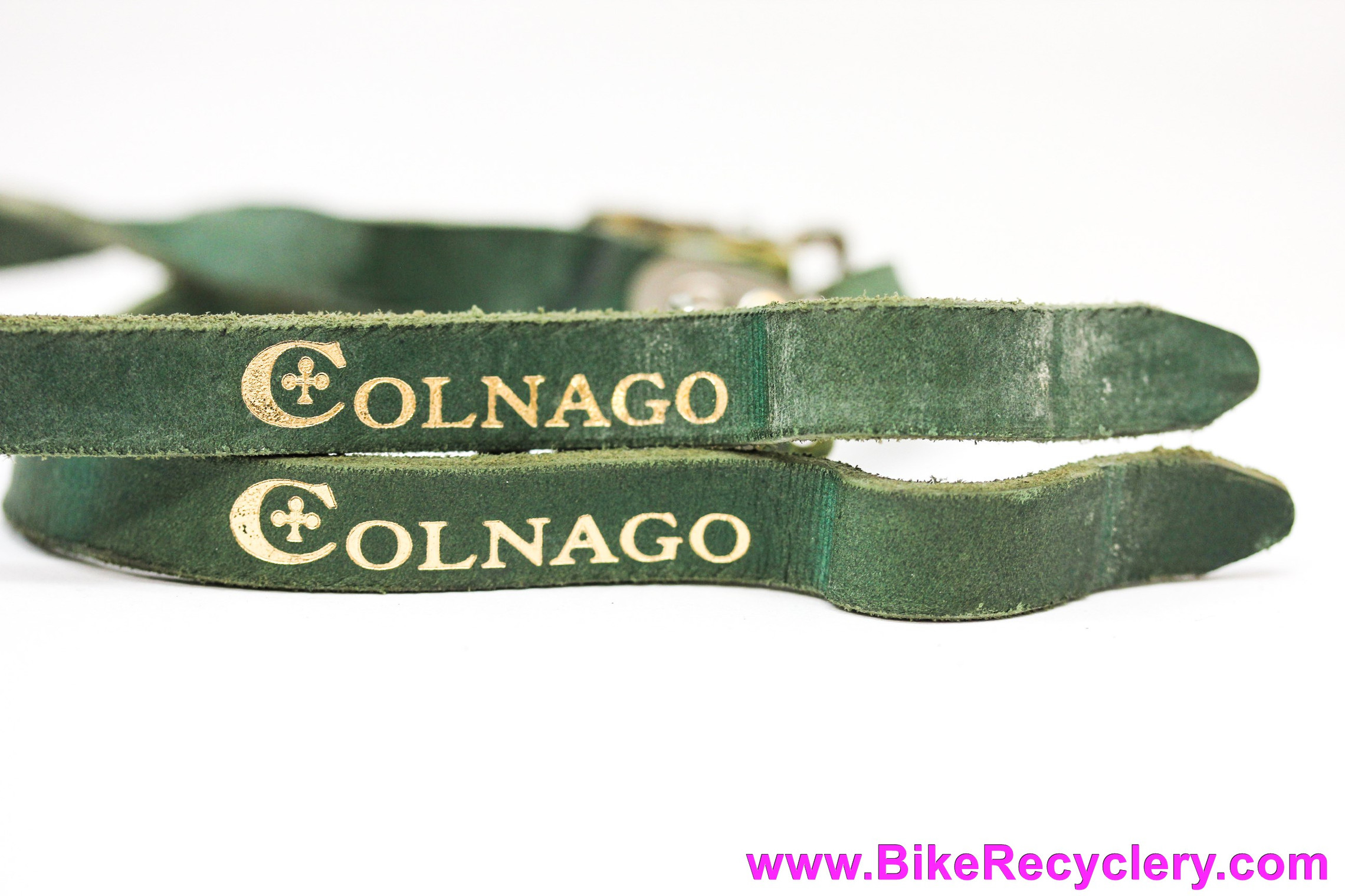 Colnago Alfredo Binda Toe Straps: Green Leather w/ Gold Logo