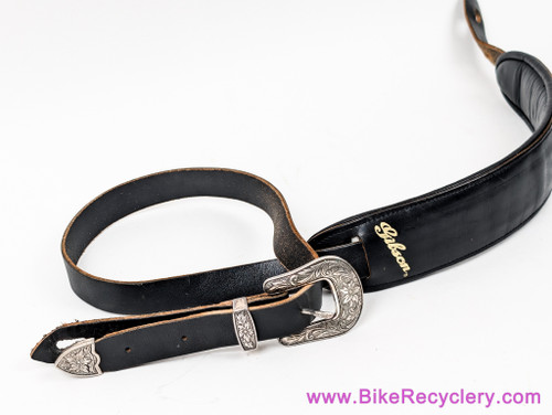 1990's Vintage Gibson x Levy's Leather Guitar Strap: Western Floral Metal Buckles - 2" Shoulder Pad - Black (EXC+ Amazing Patina)