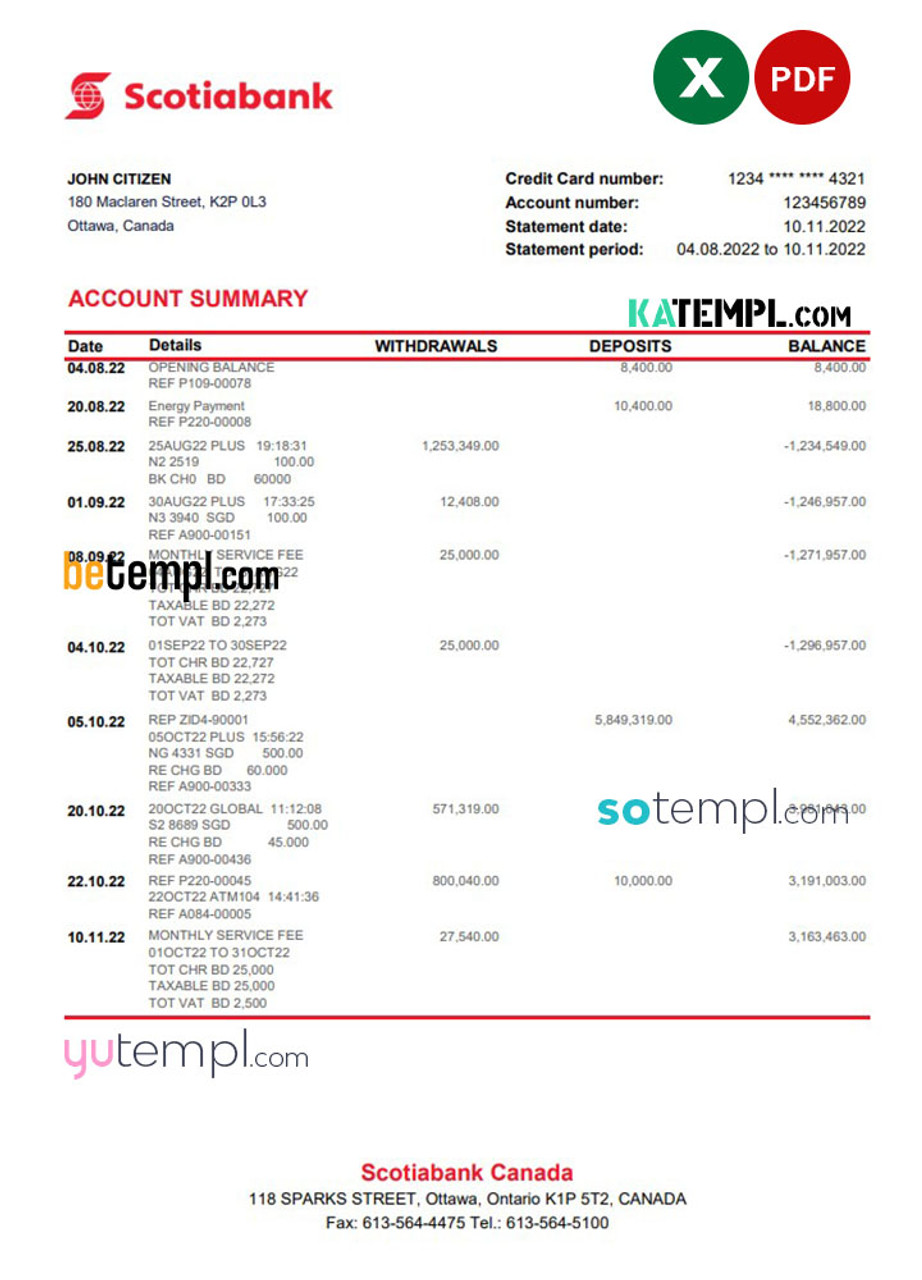 Canada Scotiabank Bank Statement Excel And Pdf Template Fully Editable Autosum 2831