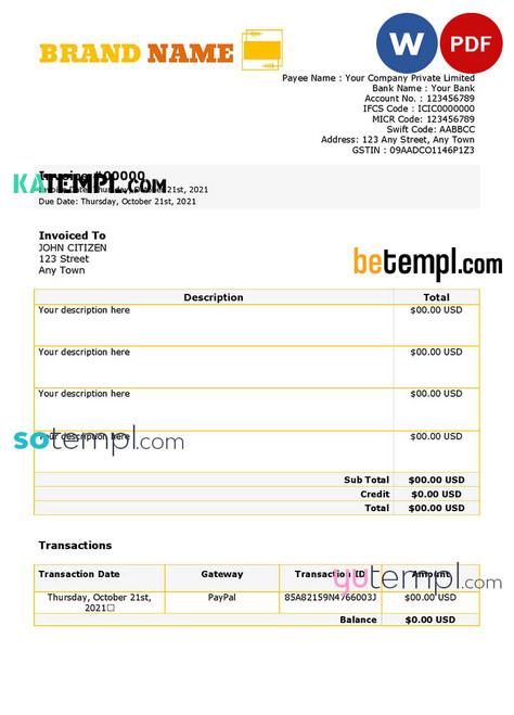 # yellow refresh universal multipurpose invoice template in Word and PDF format, fully editable