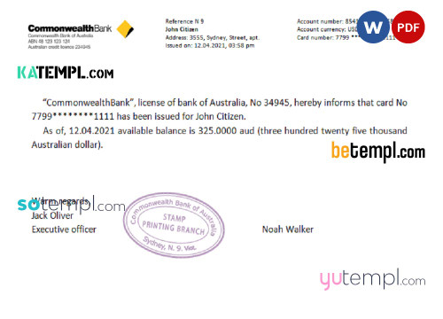 Australia Commonwealth bank account reference letter template in Word and PDF format