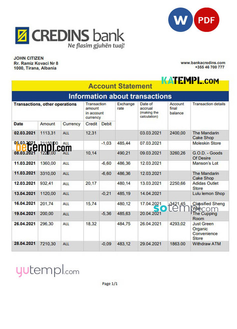 Albania Credins Bank statement template in Word and PDF format