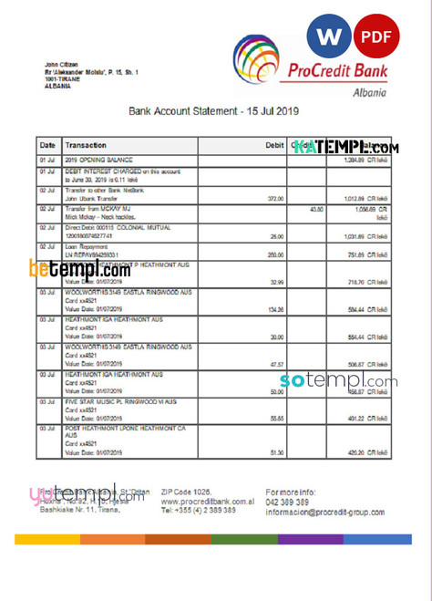 Albania ProCreditBank proof of address bank statement Word and PDF template, .doc and .pdf format