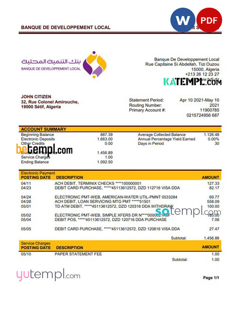 Algeria Banque de Developpement Local (BDL) bank account statement template in Word and PDF format