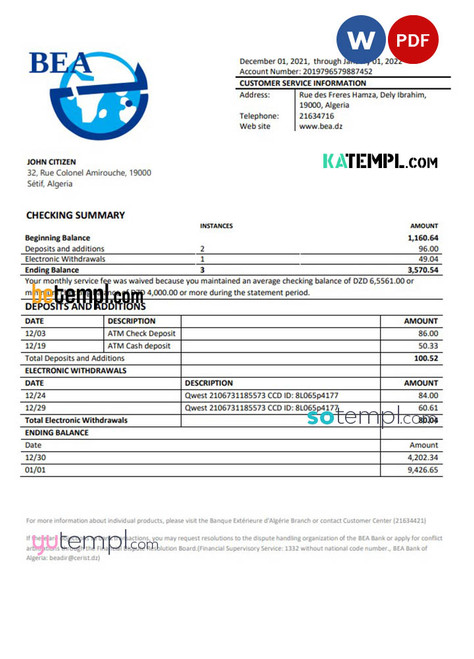 Algeria Banque extérieure d'Algérie bank statement template in Word and PDF format