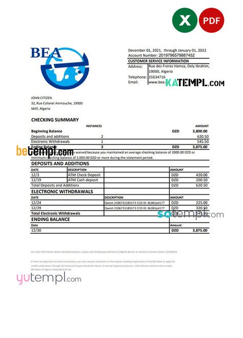 Algeria Banque extérieure d'Algérie bank statement template in Excel and PDF format