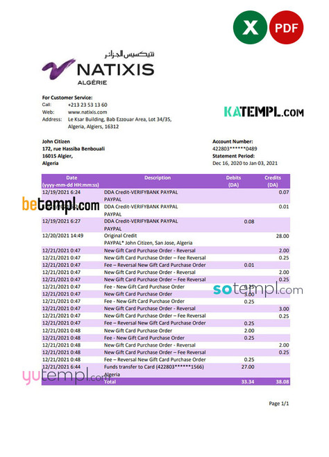 Algeria Natixis Algerie bank statement template in Excel and PDF format