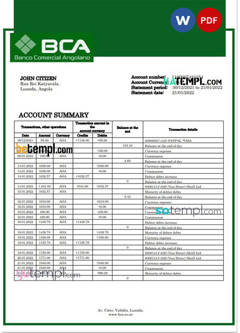 Angola Banco Comercial Angolano bank statement template in Word and PDF format