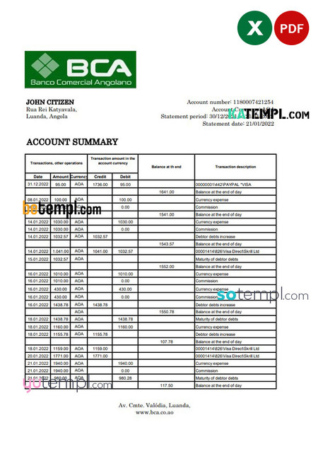 Angola Banco Comercial Angolano statement template in Excel and PDF format