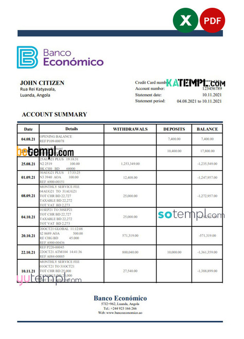 Angola Banco Ecenomico bank statement template in Excel and PDF format