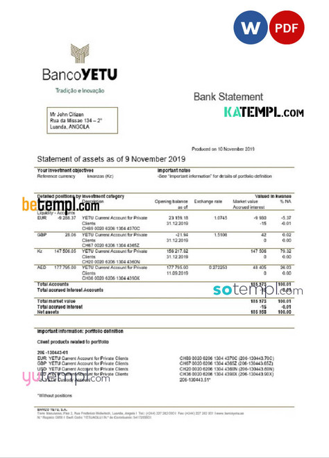 Angola Banco Yetu bank statement easy to fill template in Word and PDF format