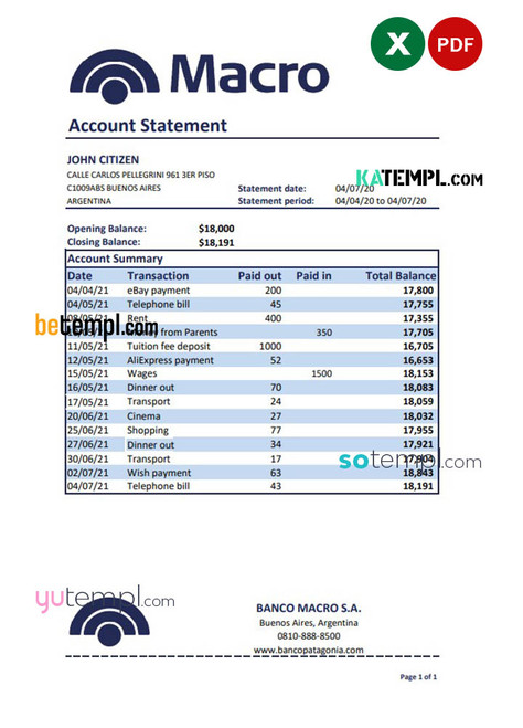 Argentina Banco Macro S. A. bank statement template in Excel and PDF format