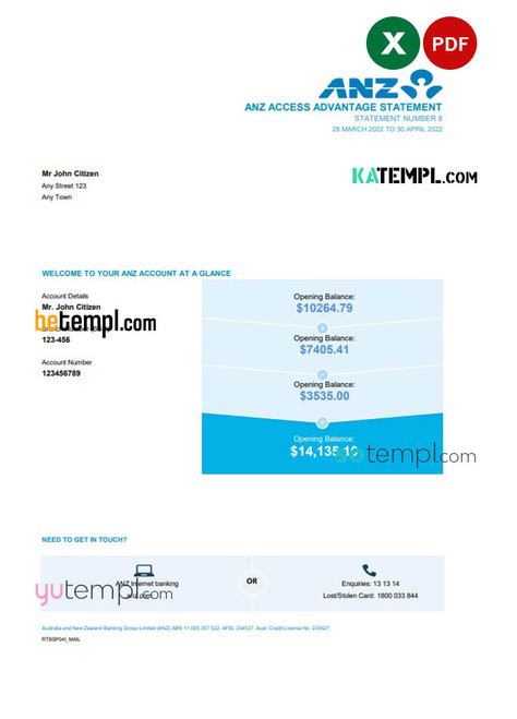 Australia ANZ bank statement easy to fill template in Excel and PDF format, 2 pages