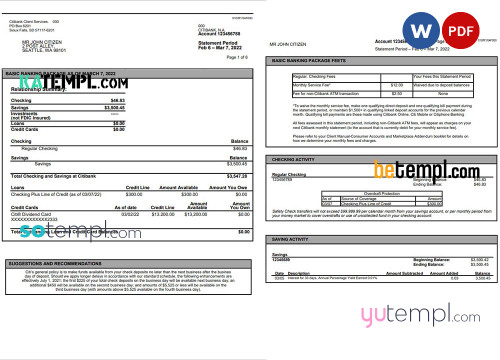 Australia Citibank bank statement Word and PDF template, 6 pages