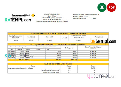 Australia Commonwealth Account Bank statement template in Excel and PDF format, fully editable