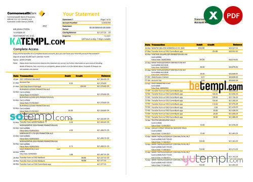 Australia Commonwealth bank statement template in Excel and PDF format (3 pages), version 2