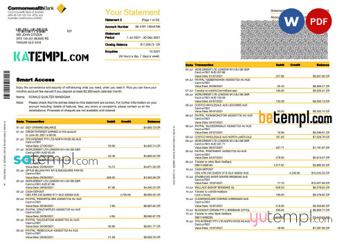 Australia Commonwealth bank statement template in Word and PDF format, 23 pages