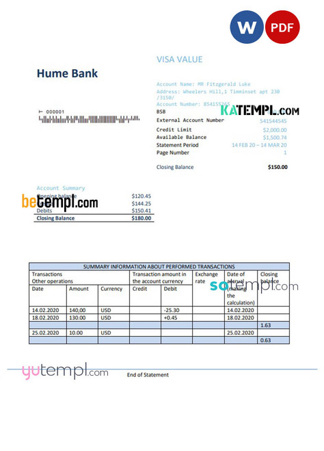Australia Humebank proof of address statement template in .doc and .pdf format, fully editable