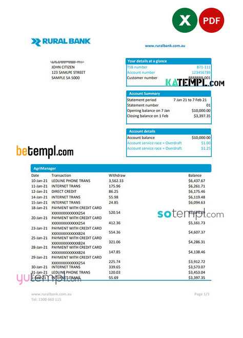 Australia Rural Bank statement easy to fill template in Excel and PDF format