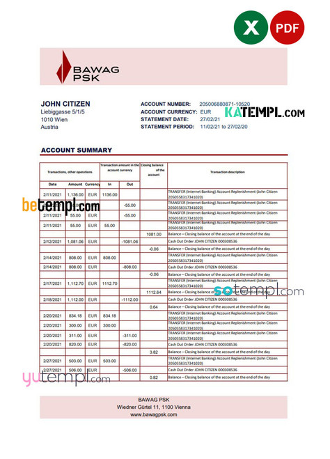 Austria BAWAG PSK bank statement easy to fill template in Excel and PDF format