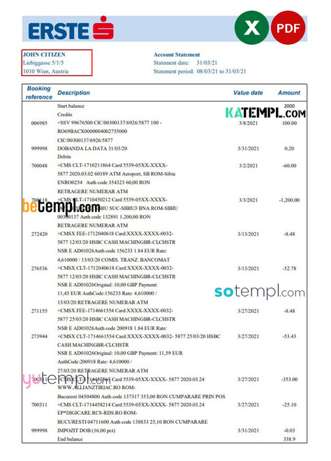 Austria Erste Group bank statement easy to fill template in Excel and PDF format