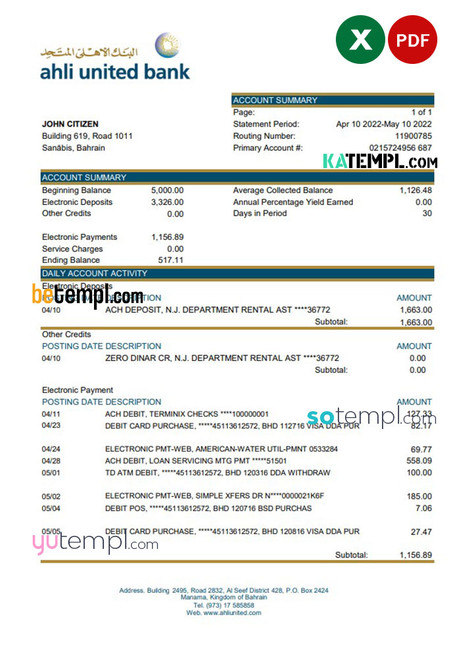 Bahrain Ahli United bank statement template in Excel and PDF format