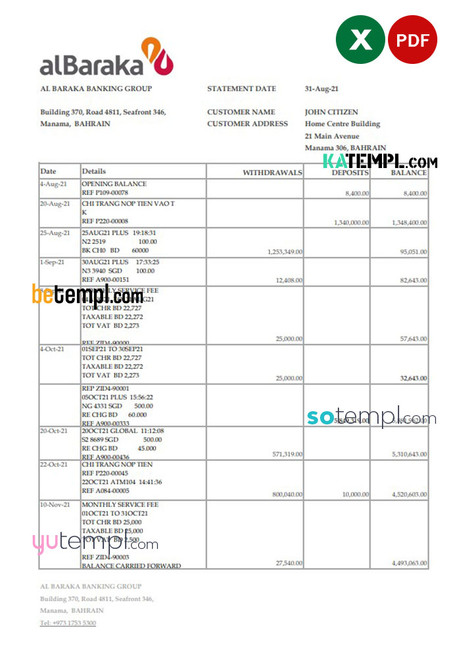 Bahrain Al Baraka bank statement easy to fill template in .xls and .pdf file format