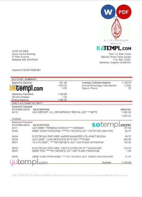 Bahrain Al Salam Bank proof of address statement template in Word and PDF format