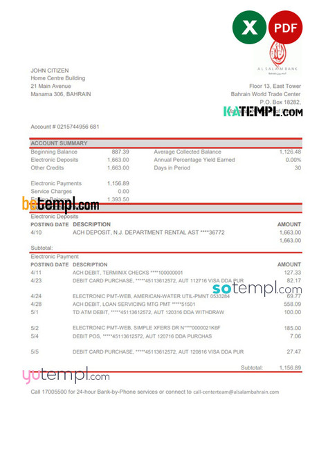 Bahrain Al Salam bank statement easy to fill template in Excel and PDF format