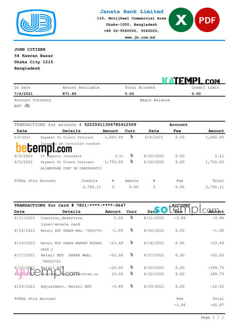 Bangladesh Janata bank statement easy to fill template in .xls and .pdf file format