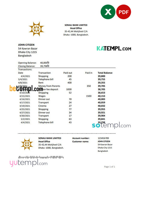 Bangladesh Sonali bank statement easy to fill template in Excel and PDF format