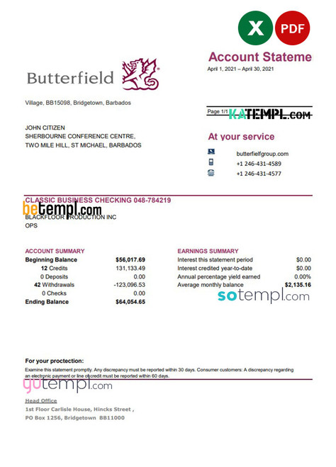 Barbados Butterfield bank statement easy to fill template in .xls and .pdf file format
