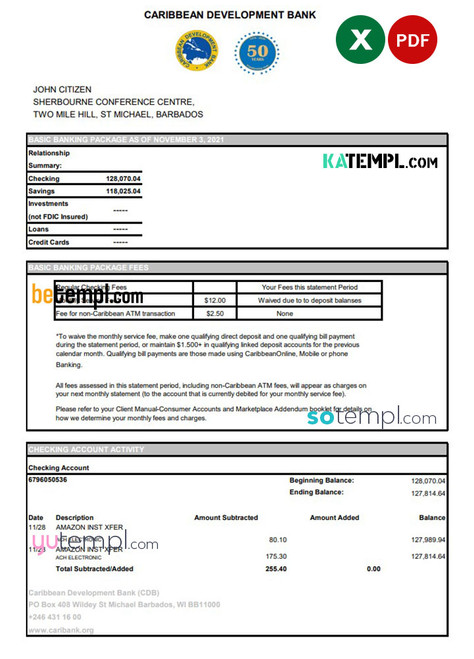 Barbados Caribbean Development bank statement easy to fill template in .xls and .pdf file format