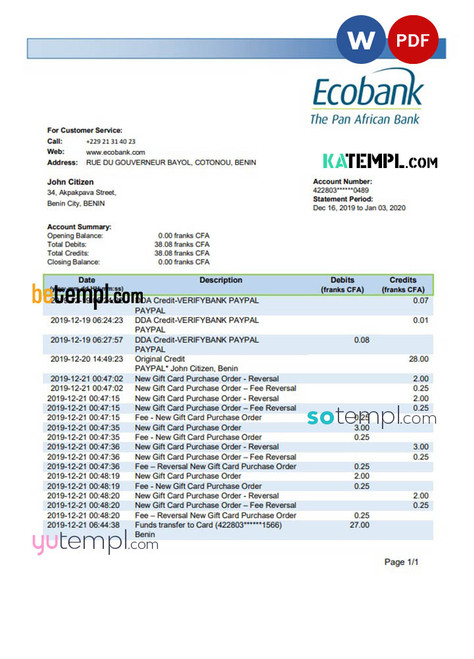 Benin Ecobank proof of address bank statement template in Word and PDF format