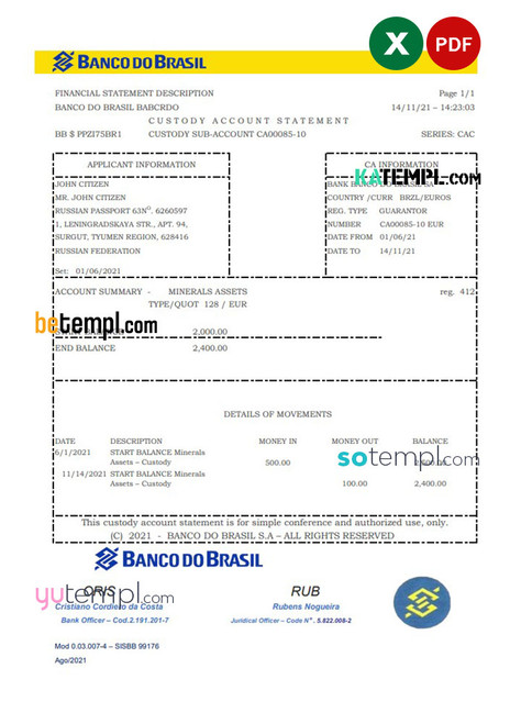 Brazil Banco do Brasil bank statement easy to fill template in Excel and PDF format