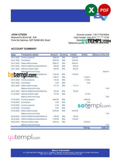 Brazil Banco Votorantim bank statement template in Excel and PDF format