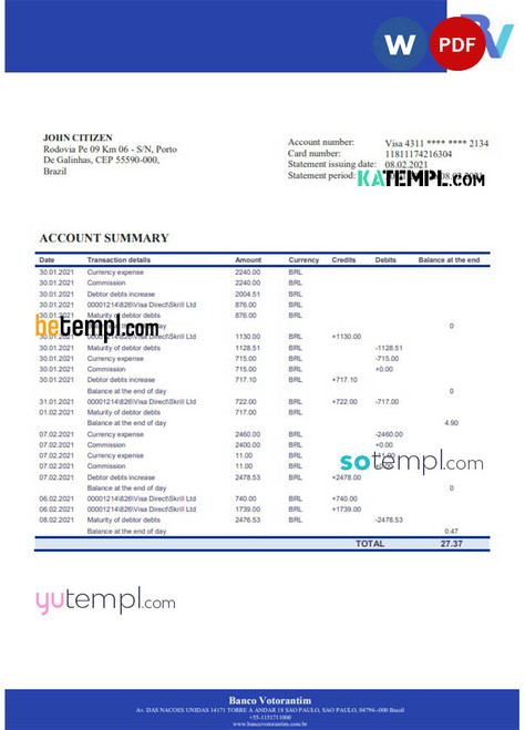 Brazil Banco Votorantim bank statement template in Word and PDF format