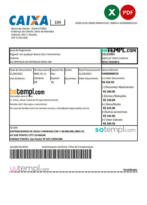 Brazil Caixa bank statement easy to fill template in Excel and PDF format