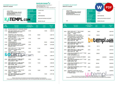 Brunei Baiduri bank statement, Word and PDF template, 3 pages