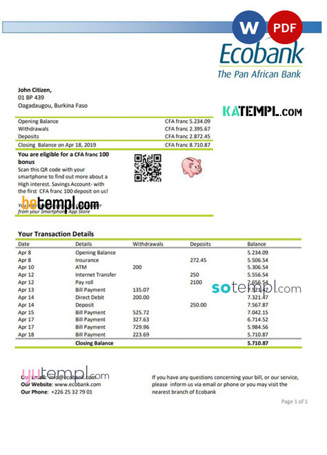 Burkina Faso Ecobank proof of address bank statement template in Word and PDF format (.doc and .pdf)