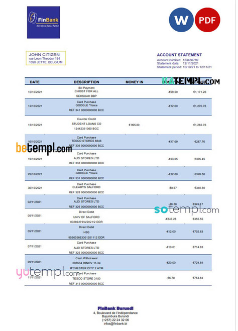 Burundi Finbank statement Word and PDF template