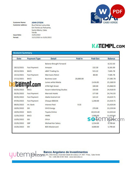 Cabo Verde Banco Africano de Investimento bank statement Word and PDF template