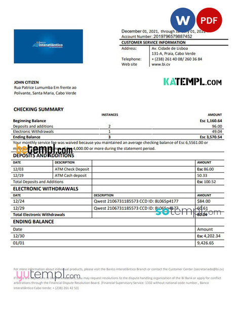 Cabo Verde Banco Inter-Atlântico bank statement Word and PDF template