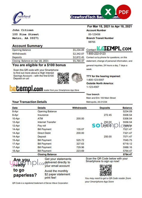 Canada CrawfordTech bank statement easy to fill template in Excel and PDF format